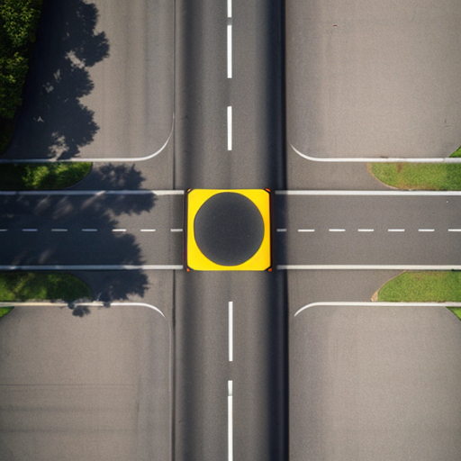 a road with a zebra crossing it one end in a suburban setting, symmetrical aerial view
