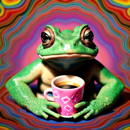 A hillarious, funny boho toad with some hippie colored coffee cups. Psychedelic decorated background, hyperrealistic. Close-up view.