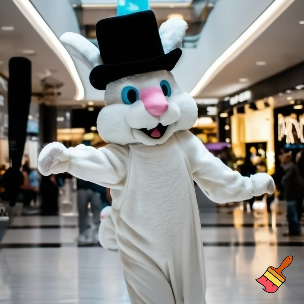 Easter bunny mascot top hat at the shopping centre mascot costume Darrell Lea magic room Australia dancing