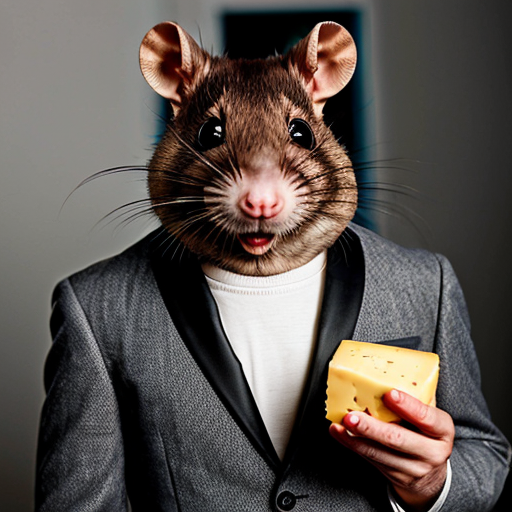 Strong rat, cheese in hand, mug shot evil with suit rat