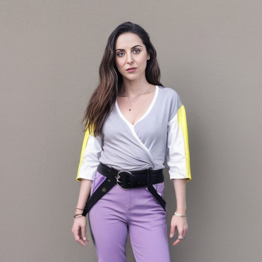 Generate a real life version of Aviva is a slender, young Hispanic woman in her 20s and above average height; she has long and bushy, armpit-length brown hair that she always ties back in a low ponytail, green eyes (with a slight grayish tinge), and tan skin. She usually wears a V-neck purple shirt and a yellow collared jacket with a blue stripe running down both of the sleeves, her pants are blue bell bottoms held by a black slim belt with a grey bolt on it, worn crookedly around her waist, and purple and white low-top sneakers.