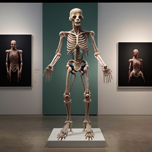 A high-resolution, detailed photograph capturing a complex, visceral biomechanical sculpture and human subject within a contemporary art gallery setting. The central figure is a large, elaborate sculpture constructed from exposed anatomical textures, deep red meat, bone, and intricate wiring, featuring multiple multi-jointed human heads and torsos with agape, screaming mouths, suspended and framed by white PVC piping and supports. The sculpture rests on a distressed white plinth with wheels. Standing next to it is a underground humanoid cannibal another sculpture covered in a white cloth is visible. The gallery walls are mint green, and a large, framed classical painting is on the wall behind the sculpture. The scene has even, diffused lighting that highlights every extreme detail and texture, making the gore and materials look palpably real."