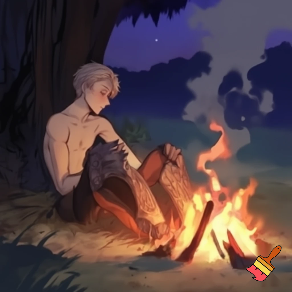 An anime knight with his armour off sitting around a campfire with his shirt off and only his underwear on