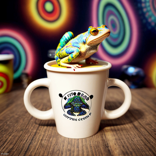 A hillarious, funny boho toad with some hippie colored coffee cups. Psychedelic decorated background.