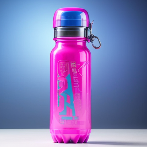 an energy drink bottle for boosterade  the plastic see through bottle is blue yellow and pink 
