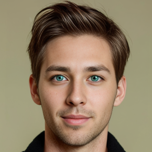 A young 35 years old man with green eyes and so cute and handsome and brown hair 