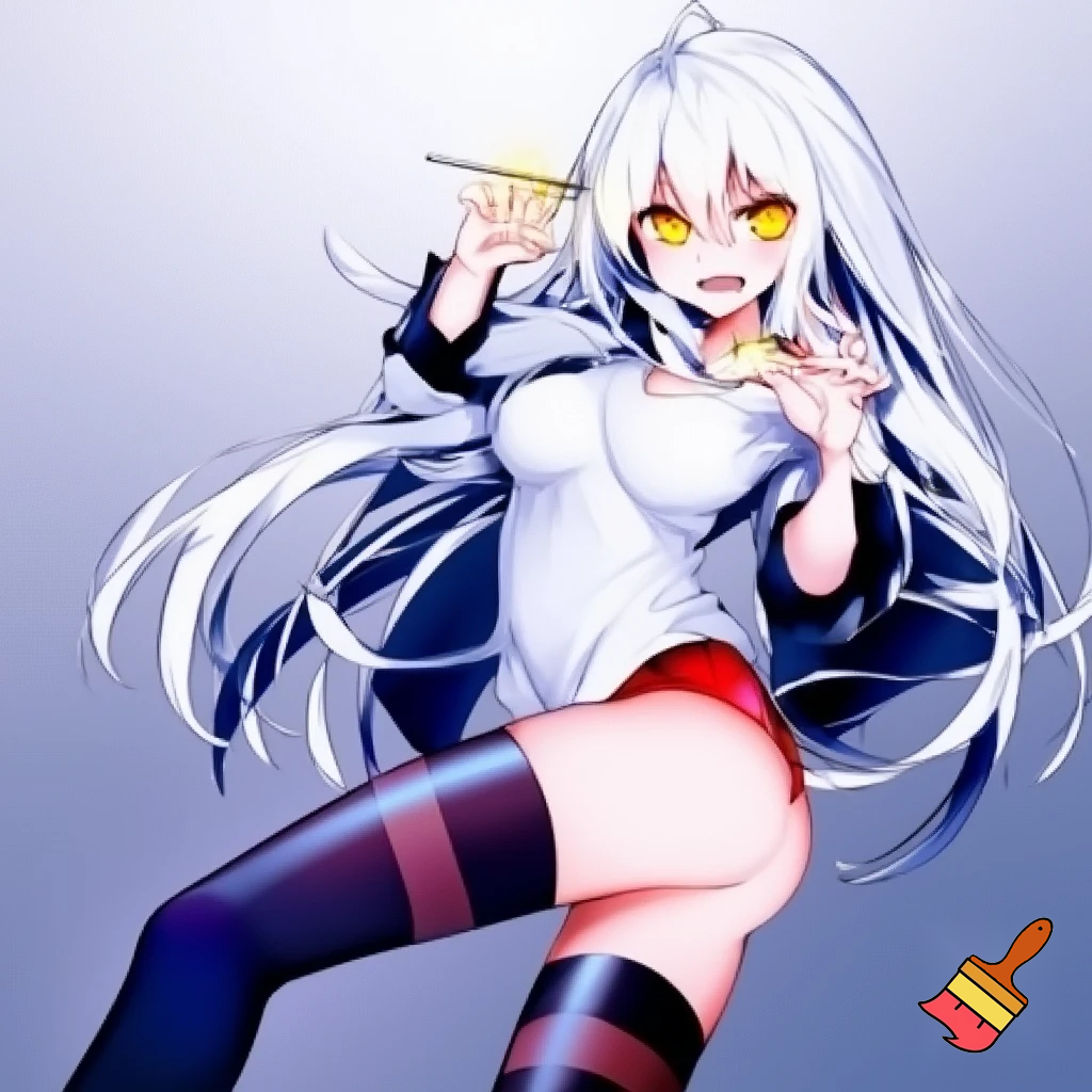 Anime girl 20 years old so cool and cute with red underwear clothes is dressing very short shirt and thigh high socks is standing in cool pose and tall white hair and gold eyes make is so anime and make it so cool and cute
