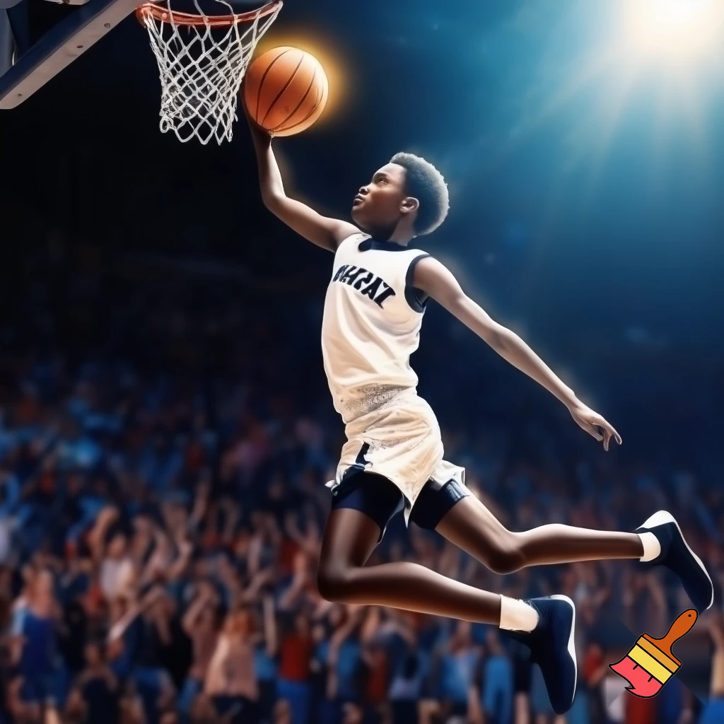  14-year-old Black basketball player in a white "Bullard" jersey sinking the winning three-pointer! 
 14-year-old Black basketball player in a white Bullard jersey hitting a game-winning three-pointer, dynamic action shot, crowd cheering
