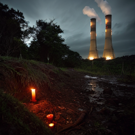 A forest In the night, thick vegetation and tall trees, mud and wet ground, the sea in the distance can be seen from a gap in the vegetation, necropolis hidden in the scrub, burials with deaths due to outrageous treason, no tombstone just few iron rusty cross and piles of stone, Ruins of dismantled and rusted nuclear power plant cooling towers in the background, Ruins of early Middle Ages byzantine church below the power plant, some light of ritual candlesand lantern, black sky, dark gothic mood, heavy seppia warm filter, very low light, shot on kodak, 35mm photo, sharp focus, high budget, cinemascope, film grain, grainy. soft focus, depth of field, high resolution, high quality, high detail. 8K photo, HDR, professional lighting. 4000x3000px
