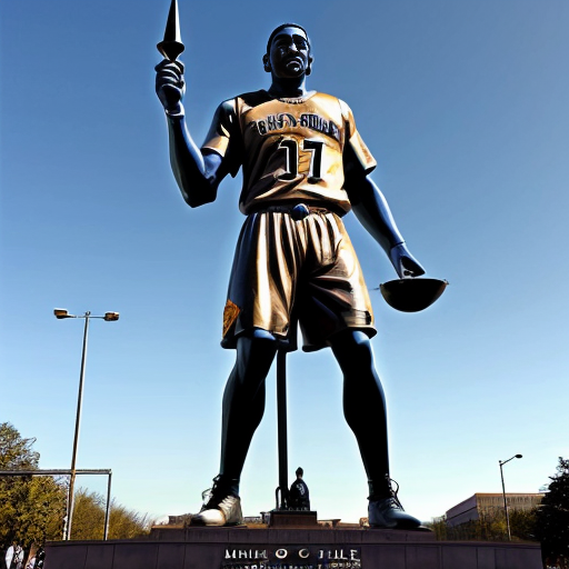 100 foot statue of Karmelo Anthony holding scales of justice