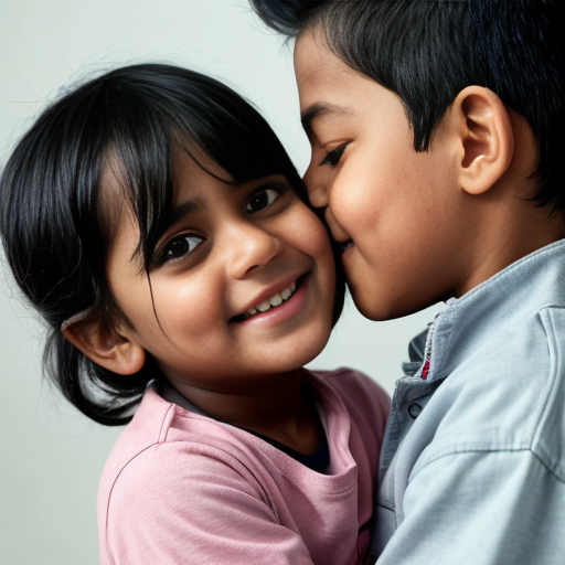 n Indian boy holding an Indian girl with his hands. 
The girl gently kisses the boy’s forehead. 
They both look like 21-year-old college students. 
The boy wears a light green shirt and black pants. 
The girl wears black pants, a sky blue top, and a black coat with shortand button closed . 
The girl’s skin tone is slightly darker than the boy’s. 
Background: a room with a plain white wall. 
The girl’s hair is tied neatly, like in a uniform style. 
Style: soft watercolor painting. 
Aura glow: pastel aura (pink + blue mix)