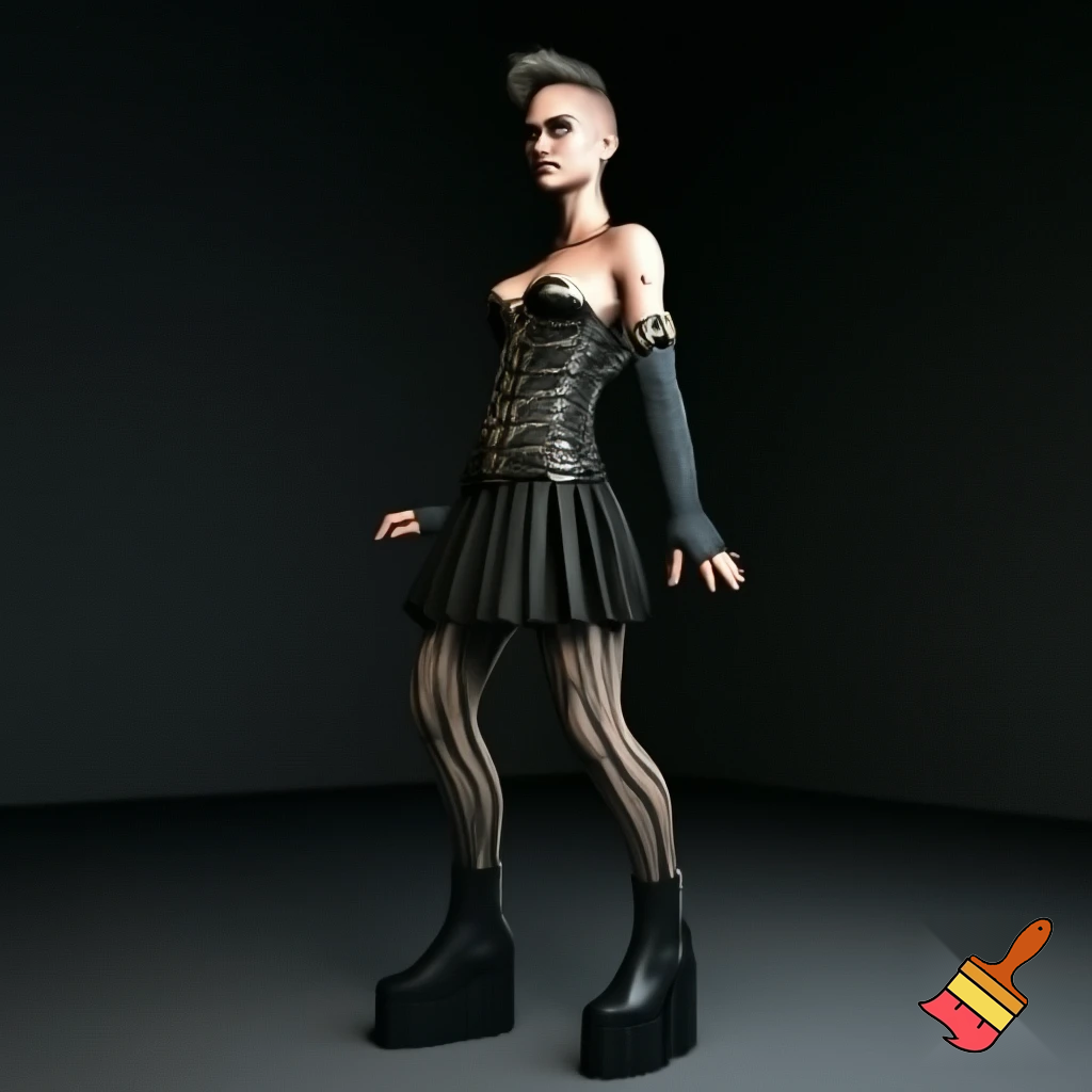 Woman with an undercut and bold makeup wearing a collar, buckle arm warmers, a corset, a pleated skirt, vertical striped stockings and platform boots 