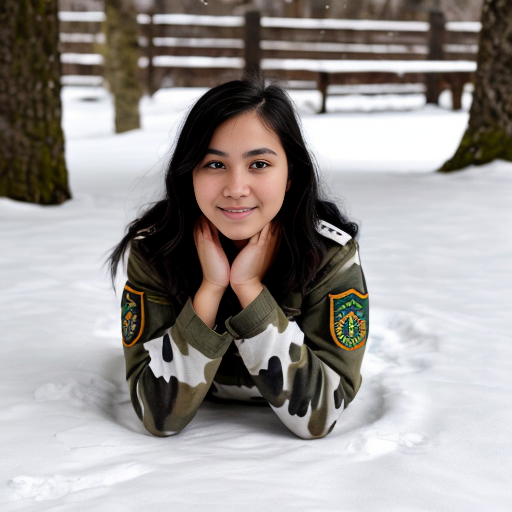 realistic colours, zoomed out veiw. large eyes looking to the left behind the camera, long black hair, red eyes, 19 years old girl. wearing white military camo clothing, jacket and pants  with british sas flag on the sleeve, kneeling in snow, holding a rifle. anime stye 