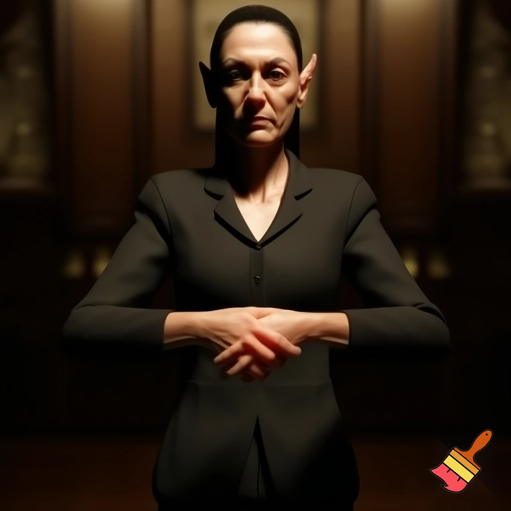 claudia sheinbaum holding hands with the devil and smiling, full body, making deals