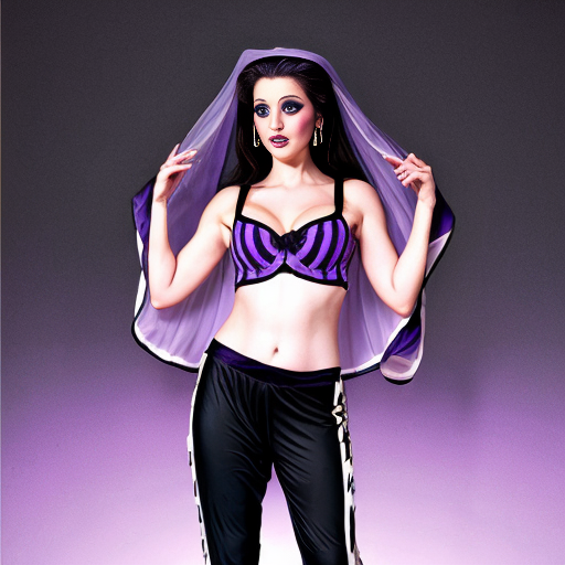 90's disney's 2d aladdin style comic dark blue background of panel 1 evil queen barefoot with purple and black striped harem pants and purple and black striped bra with both hand palms place together and hiding the bottom of her mouth with a purple and black striped veil wrapped around her arms. panel 2 she danced barefoot with purple and black striped harem pants and purple and black striped bra and purple and black striped veil covering her shoulders and arms and raising legs and bounced up and down her belly and which causes an electric discharge to form which transforms her purple and black striped veil from shoulders and arms into a bolt of lightning. Panel 3 which tye evil queen barefoot with purple and black striped harem pants and purple and black striped bra grabs the lightning bolt from her shoulders and arms with one hand. panel 4 then the evil queen barefoot with purple and black striped harem pants and purple and black striped bra rubs the lightning bolt on her butt with the lightning bolt against her butt and shook her hips left and right. panel 5 then as the evil queen barefoot with purple and black striped harem pants and purple and black striped bra still shook her butt left and right she turns and her butt is now facing the viewer while rubbing the lighting bolt with her.