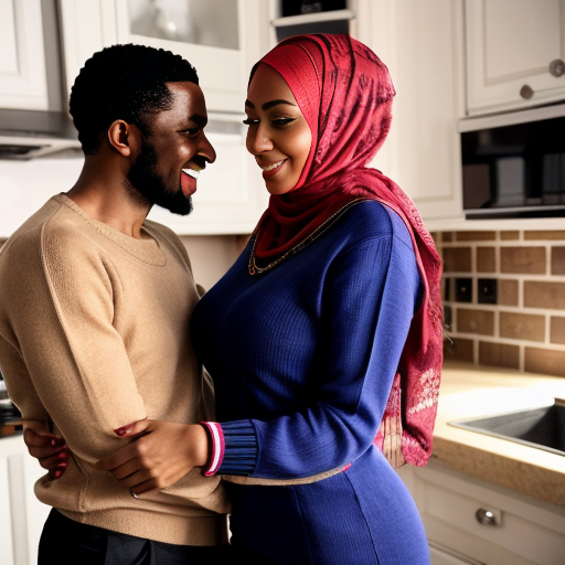 scene vraie, photo realiste de femme arabe, ronde, en hijab, longue lace-up robe leopard, talons à aiguille, bas filets de peche, avec son amant homme africain noir en pull bleu la touche sensuellement, son conjont arabe, les admirent à la cusine