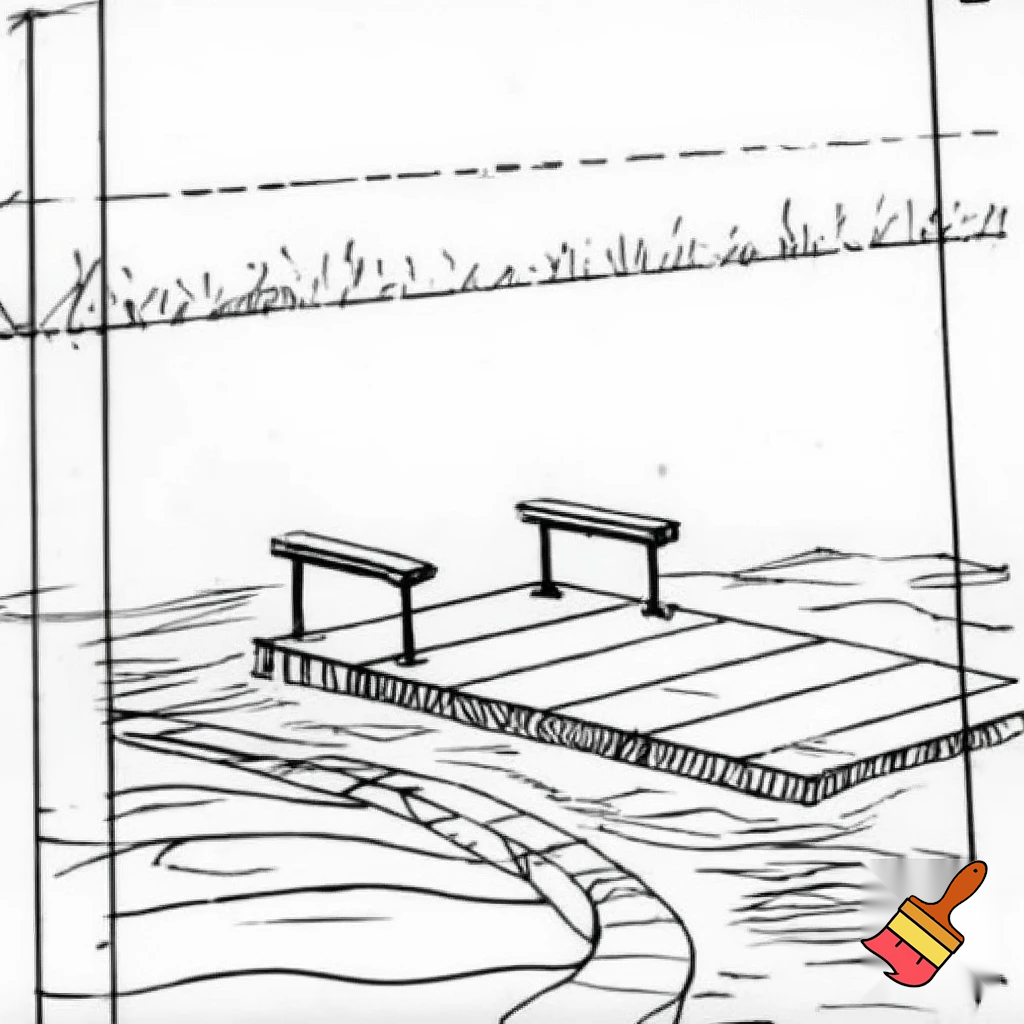 A construction sketch of a dock with a T shaped end with two benches over a small pond
