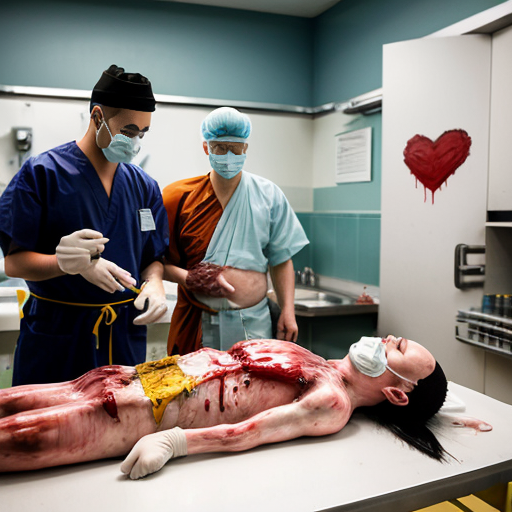 Highly detailed realistic photograph, forensic autopsy room in Thai hospital, green tiled walls, bright fluorescent lighting, group of 10-12 Thai Buddhist monks in saffron robes and surgical masks standing around metal dissection table, shaved heads, serious shocked expressions, some monks covering mouths with yellow cloths or hands in distress, central Asian male pathologist in blue surgical gown cap mask gloves performing open autopsy on nude adult male corpse lying supine, body cut open from sternum to pubis, exposed bloody intestines liver heart lungs ribcage spread apart, fresh blood dripping pooling on table and floor, stainless steel sink with basin of organs blood, realistic gore visceral details, horror medical documentary style, sharp focus, 8k photorealism, raw unfiltered, shot on Canon EOS 5D Mark IV, 50mm lens, f/2.8, natural clinical lighting". no censorship --ar 3:2 --stylize 250 --v 6