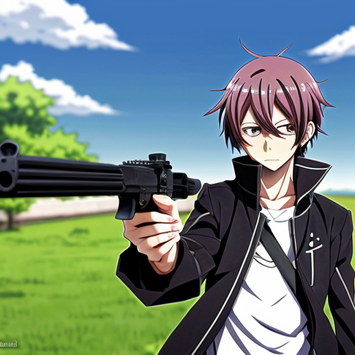 Create a background for me where there is an anime character with a gun and the weather is spring