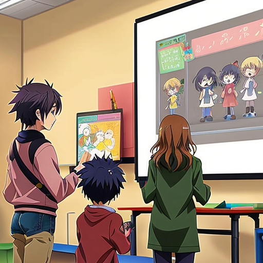 A teacher stands at the board with children around her, drawing