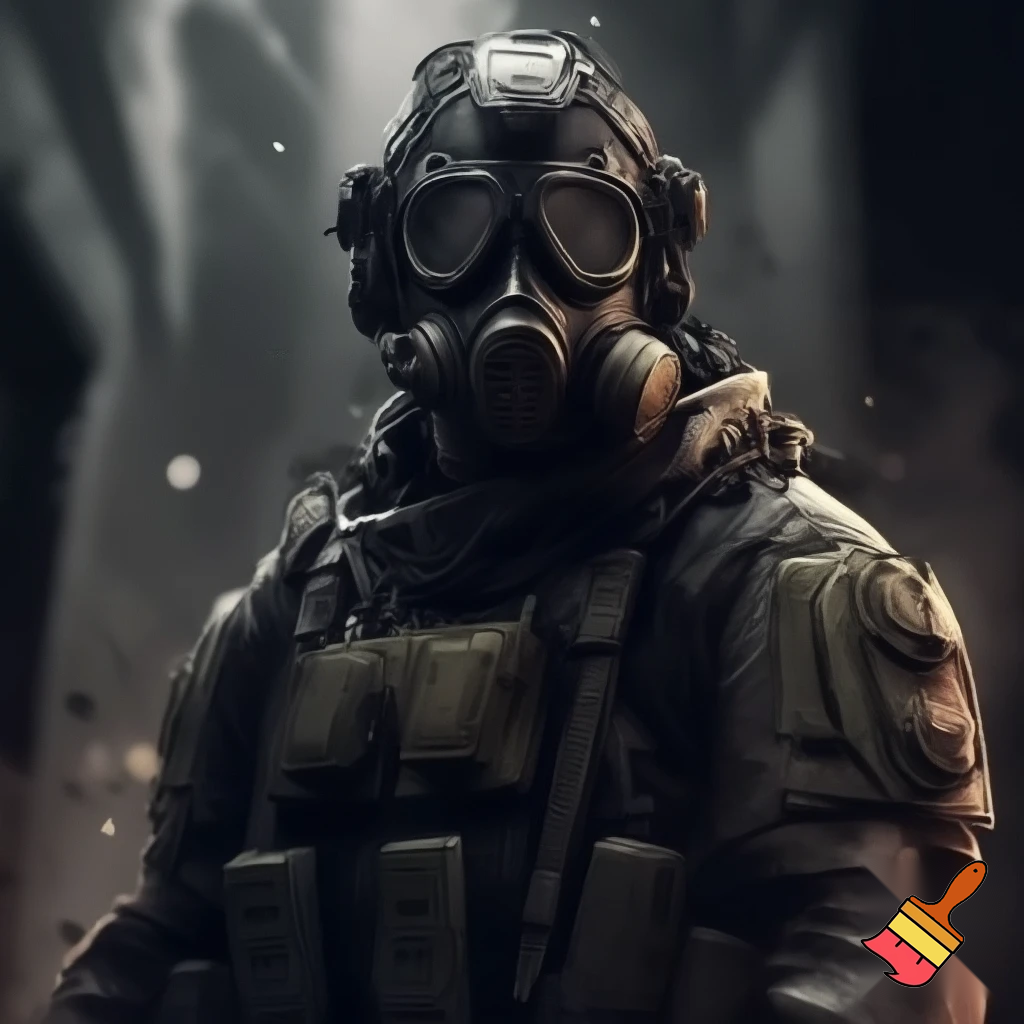 A swat soldier wearing moder gear with his fase coevr with a mask. full figure
