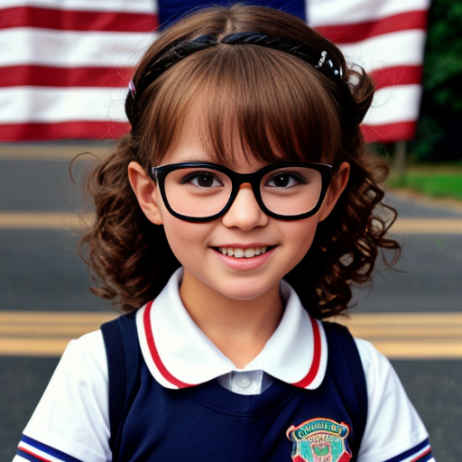 Cute adorable niña Chilindrina glasses con hair lazo curly Blonde con sailor uniforme escolar con zapatos negros escolar con calcetines blancos con Estados Unidos América bandera con desfile con ciudad 2