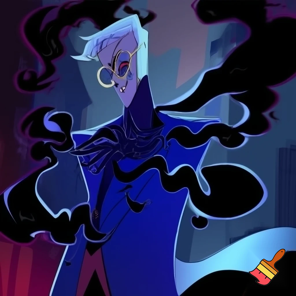 A tall, lean pale man with white hair, distinctive round brass glasses he has a stern look on his face. In cartoonish art style of hazbin hotel wearing his signature blue overcoat with black sinister smoke curling around him his hand reaching out, producing the black sinister smoke
With the physical proportions of Alistor from hazbin hotel