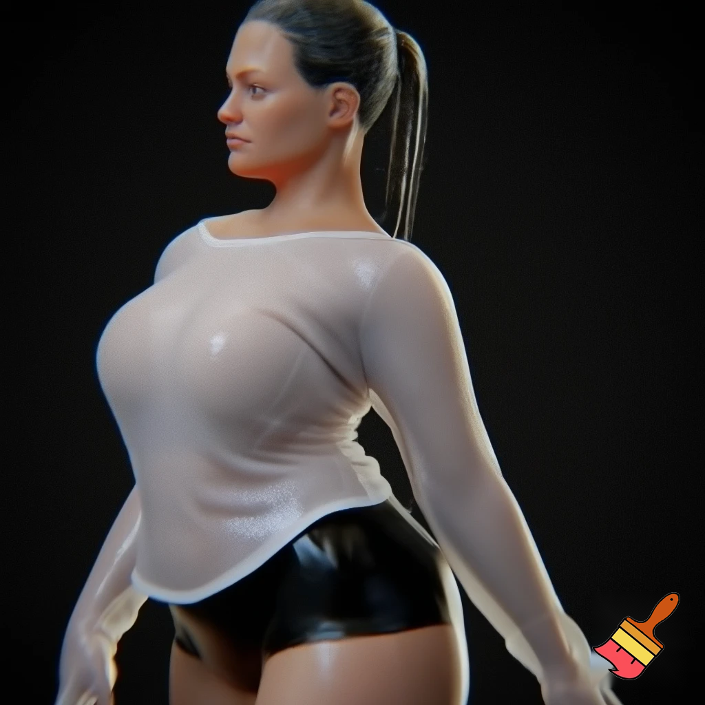 A beautiful, curvy adult woman, wearing a soaking wet, transparent white long-sleeved shirt and tight black shorts, has her hair tied back. Highly detailed and realistic, with a focus on the texture of the wet, translucent fabric and the sweat glistening on her curves. Photorealistic.