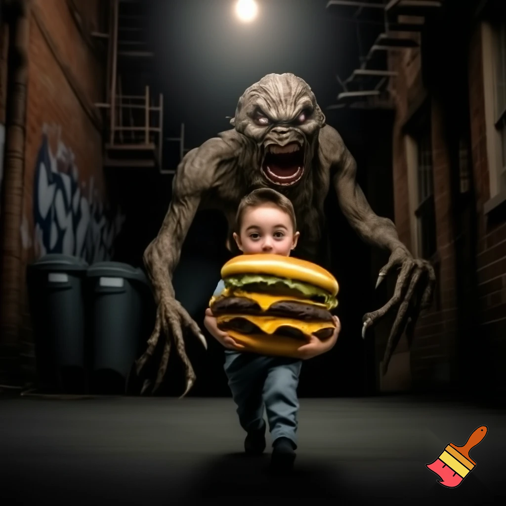 use a small chap eating a massive burger while getting chased by a terrifying monster