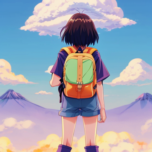 Little Dora purple backpack pink t-shirt orange short pants yellow socks white sneakers on a sitting cloud in the sky from Dora the Explorer. migration