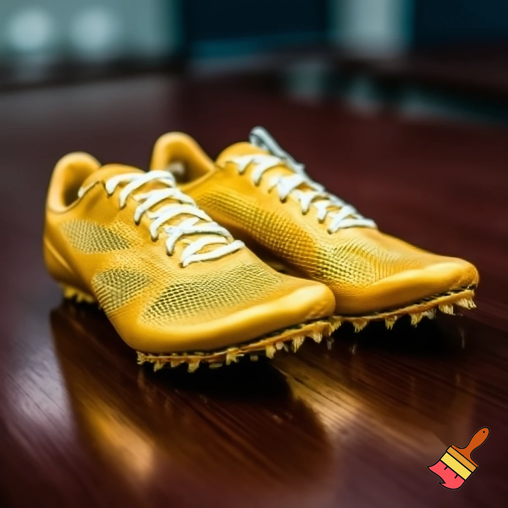 gold-yellow track shoes on a table