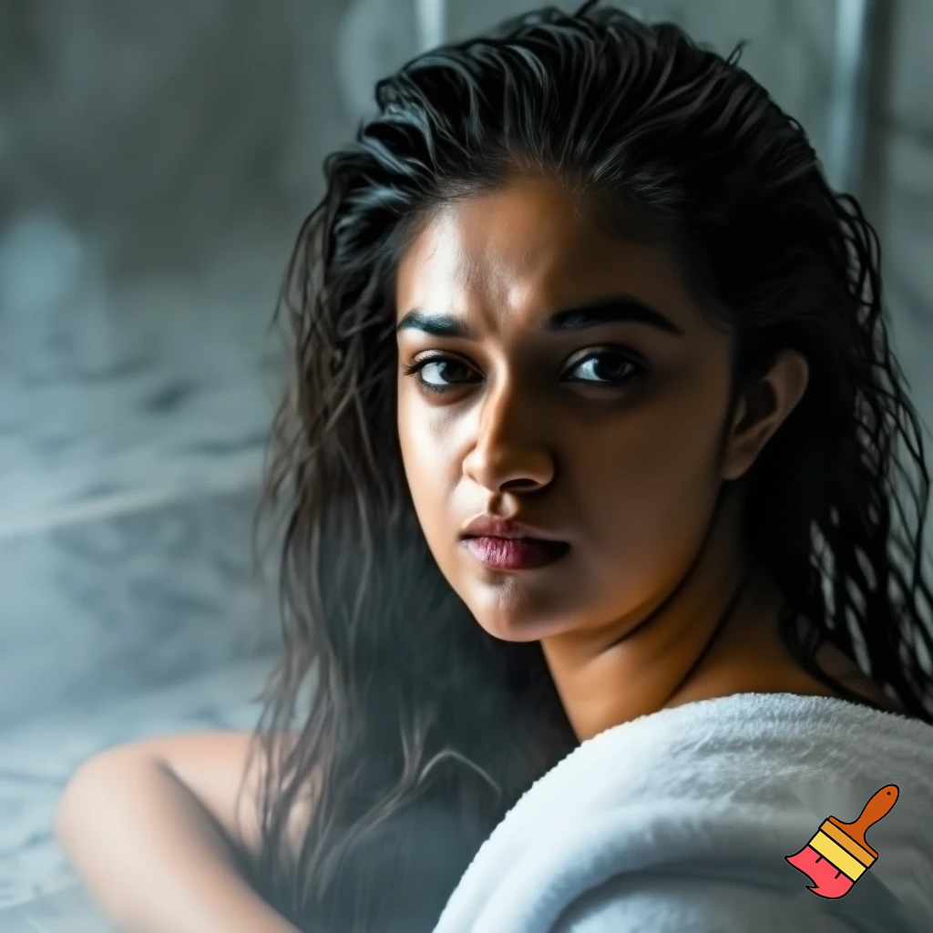Portrait of  Keerthy suresh with wet, wavy hair, wrapped in a white towel, leaning on a marble bathroom counter with steam in the background, neutral expression, realistic photography style, high detail