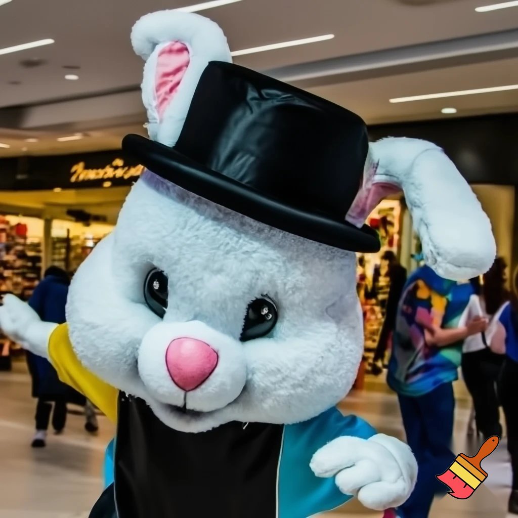 Easter bunny mascot top hat at the shopping centre mascot costume Darrell Lea magic room Australia dancing