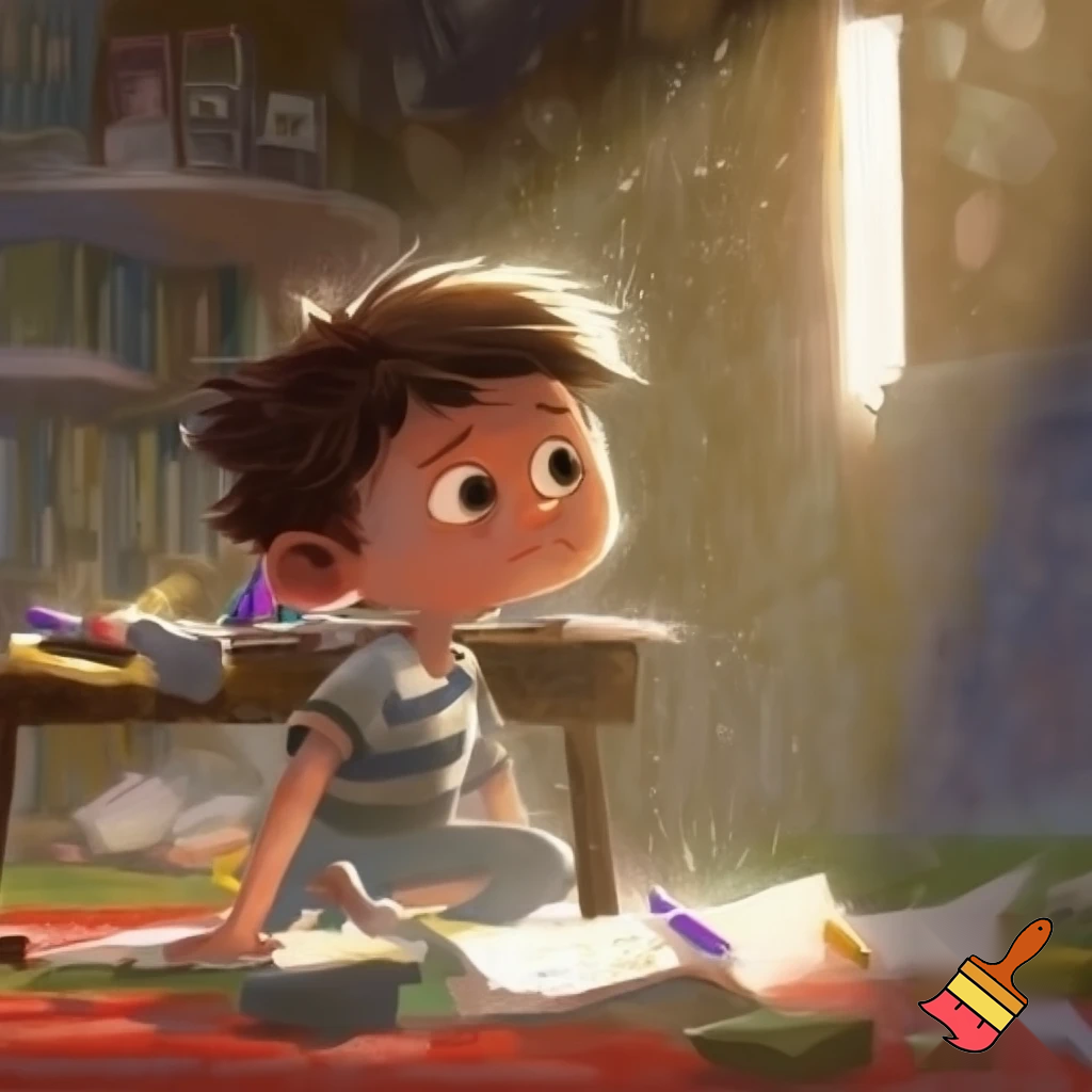 the boy is trying to find his pencil
