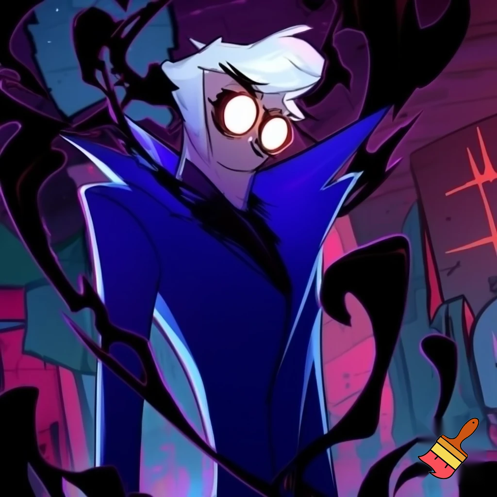 A tall, lean pale man with white hair, distinctive round brass glasses he has a stern look on his face. his face In cartoonish art style of hazbin hotel wearing his signature blue overcoat with black sinister smoke curling around him