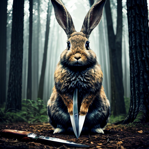 European rabbit, holding knife, dark forest, evil,