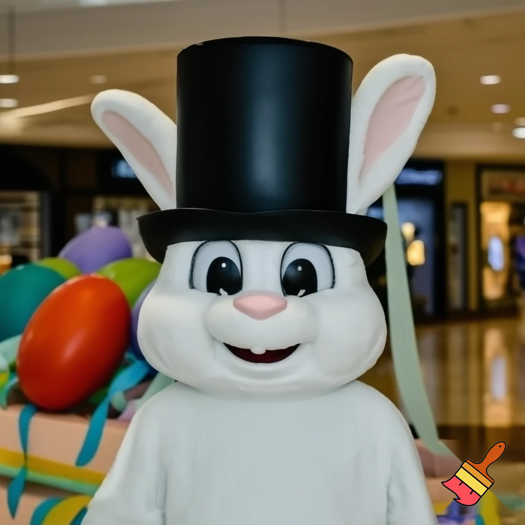 Easter bunny mascot top hat at the shopping centre mascot costume Darrell Lea magic room