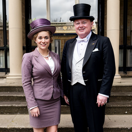 Lottie from princess in the frog standing next to a man in a suit (the mayor)
	•	City building or mansion behind them
Details: top hat, cane, steps
