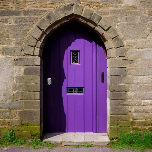 Oak door under a medieval bridge with purple portal inside 