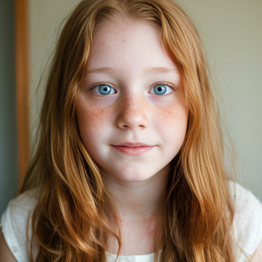 a girl 14 yeras old with long ginger strait hair round face lots of freckles