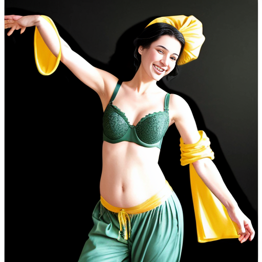 90's disney's 2d aladdin style comic black background and panels of panel 1 tiana with dark green harem pants and bra and curved slippers with both hand palms place together and hiding the bottom of her mouth with a dark green veil wrapped around her arms and attached to her head. 
panel 2 she danced with dark green harem pants barefoot with dark green bra and dark green curved slippers dark green veil wrapped around her arms and shoulders and raising legs and bounced up and down her belly and shook her hips left and right. 
panel 3 as tiana with dark green harem pants and bra and dark green curved slippers and spreading her arms, happily revealing her face to the viewer and giving a smile as she turns around shook her butt left and right. 
Panel 4 as tiana  with dark green harem pants and bra and dark green curved slippers started to fading away , except her belly, which is bouncing around. 
Panel 5 then the ball transforms into the fading in belly of snow white  with yellow harem pants and yellow bra and yellow curved slippers and a yellow veil wrapped around her arms and shoulders with her swaying her hips. 
Panel 6 snow white  with yellow harem pants, yellow bra, yellow curved slippers and yellow veil wrapped around her arms and shoulders gives a smile and winking her left eye 