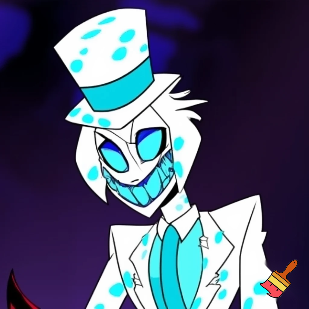 alastor wearing a white tophat with light graident, his suit is white and with light blue graident, his eyes are blue, his skin is white, and his teeth is bright light blue. 