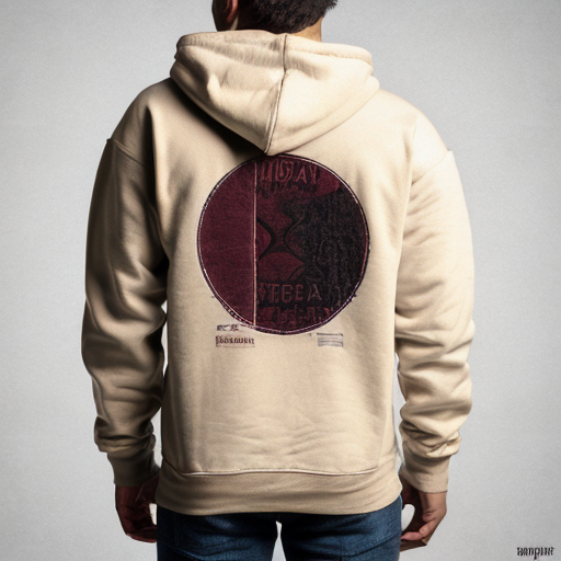 Back view of a burgundy / wine-colored streetwear hoodie with distressed patchwork fabric details (vintage worn patches). The hoodie is shown from the back, laid flat on a neutral concrete background. On the back there is a large centered graphic design: a distressed vintage circular stamp-style logo in beige/cream color. Inside the circle, bold text reads "NOVA CREW" in strong vintage typography. Below it in smaller text: "Born from the streets". The print has a cracked, worn texture to match the hoodie’s aesthetic. High detail, realistic fabric texture, fashion mockup style, streetwear brand presentation.

