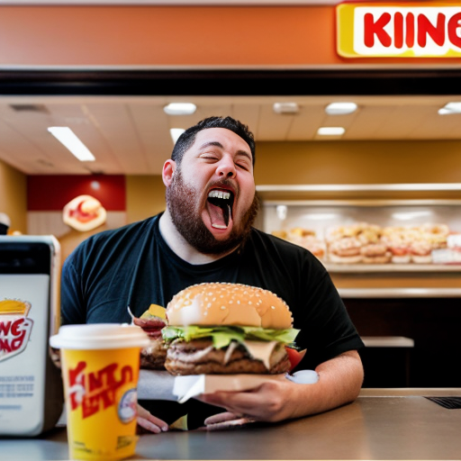 a big burger picking up a human in Burger King, licking his lips as he readies for his feast