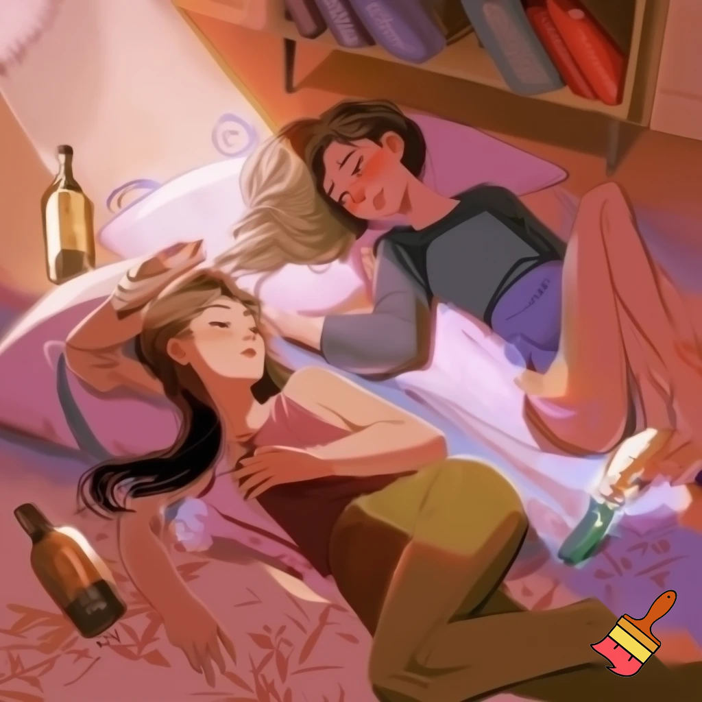 2 girls in there bedroom on the floor with 2 bottles of alchol