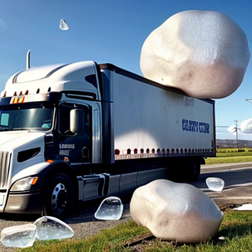 Semi-truck crushed by giant hailstone on top of it