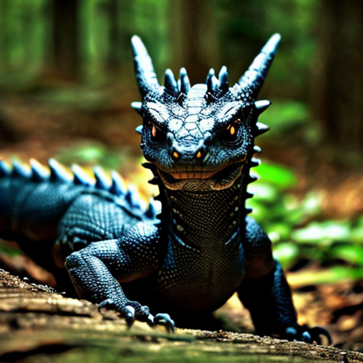 baby black dragon with white eyes in the forest
