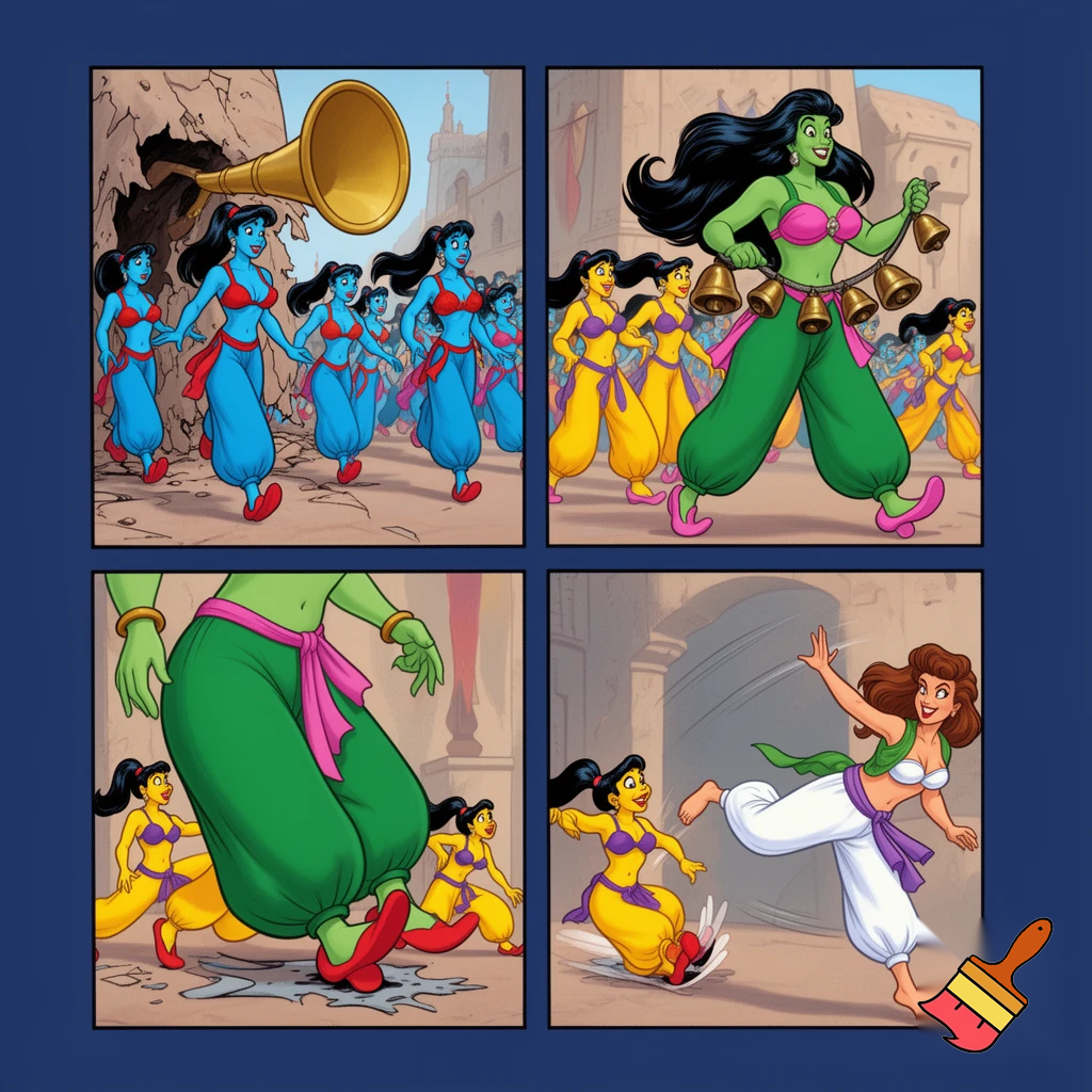 90's disney's 2d aladdin style comic dark blue background and panels of panel 1 a marching band of black haired ponytail women  with blue skin,blue harem pants red bra and red sash and red curved slippers and each playing an instrument while marching out of the remains of the belly bugle. 
Panel 2 followed by a giant black haired ponytail woman with green skin,green harem pants pink bra and pink curved slippers sash with cowbells who marches in front of a black haired ponytail woman with yellow skin, yellow harem pants, purple bra and purple sash and purple curved slippers . 
Panel 3 then the giant black haired ponytail woman with green skin,green harem pants pink bra and pink curved slippers sash with cowbells  who repeatedly steping and squishing on a black haired ponytail woman with yellow skin, yellow harem pants, purple bra and purple sash and purple curved slippers 
Panel 4 The black haired ponytail woman with yellow skin,yellow harem pants purple bra and purple sash and purple curved slippers eventually has enough and sneaks behind the giant black haired ponytail woman with green skin,green harem pants pink bra and pink sash and pink curved slippers 
panel 5 The curvy figure woman with brown hair barefoot with white harem pants with a purple sash and green vest and white bra then kicks the giant black haired ponytail woman with green skin,green harem pants pink bra and pink sash and pink curved slippers in the butt. 
Panel 6 then the giant black haired ponytail woman with green skin,green harem pants pink bra and pink sash and pink curved slippers split into three black haired ponytail women with big breast and hips green skin,green harem pants pink bra and pink sash and pink curved slippers. 