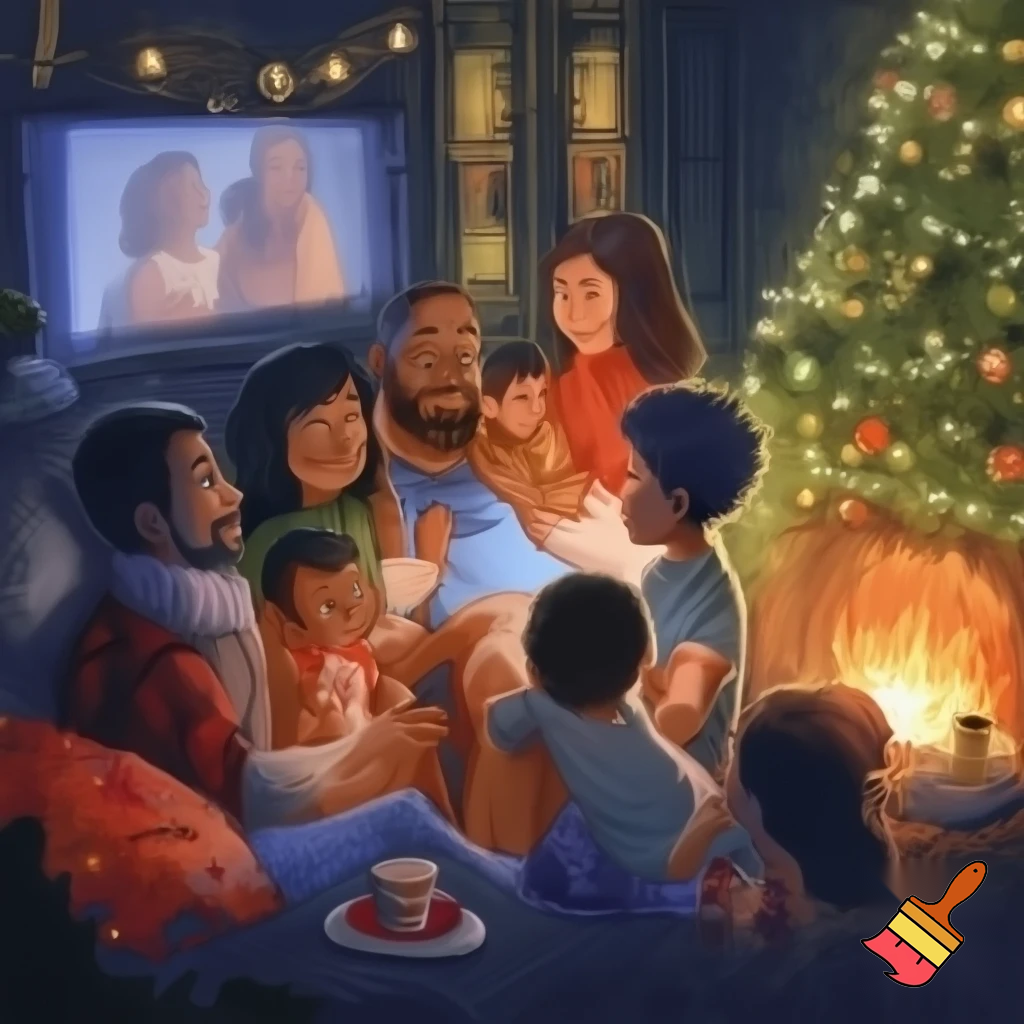 Make me a nice cosy Christmasy family in the living room watching a movie