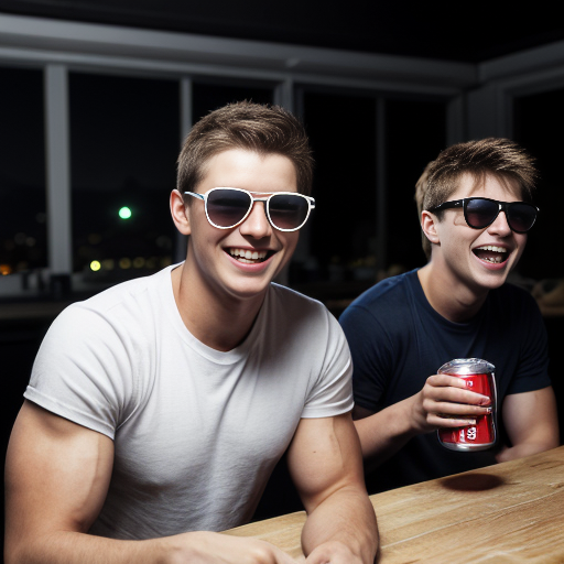 5 Jacked strong lean teen men wearing sunglasses and all of them are wearing white t shirt with dark blue jeans and they are all smiling and laughing in a dark room with party lights on (no one else in the room) (2010s color photo) (realistic photo with a slight shaky effect) and it looks like there is soda on the table. 